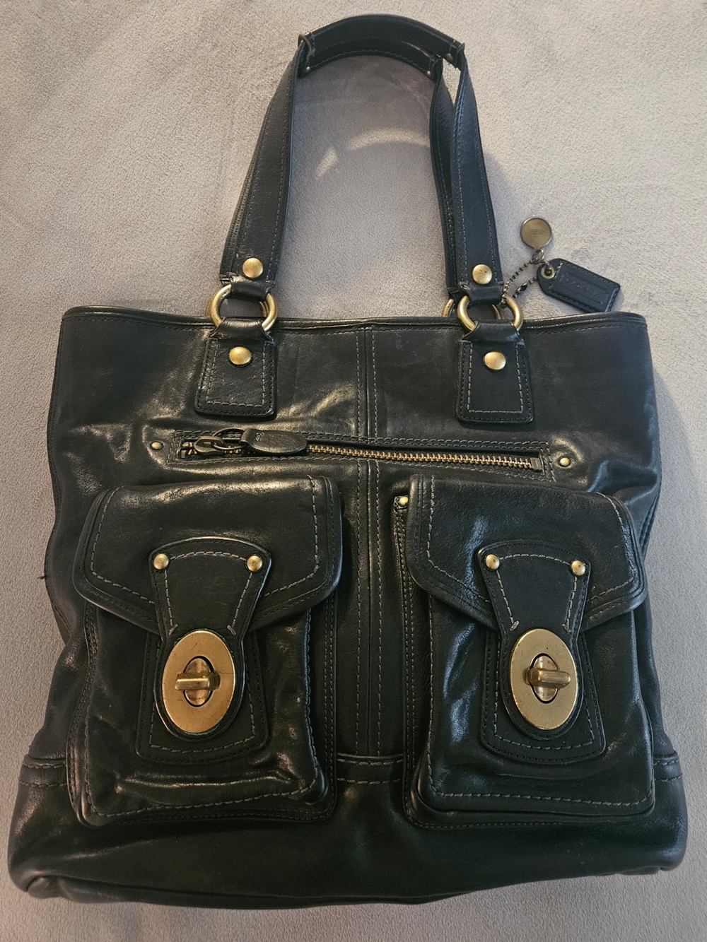 Coach Black Leather Pocket Tote with Gold Hardware